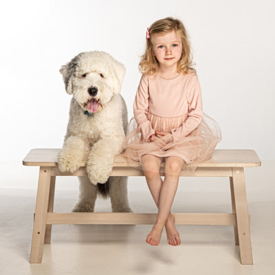 Portrait in colour of a little girl and her Old English Sheepdog